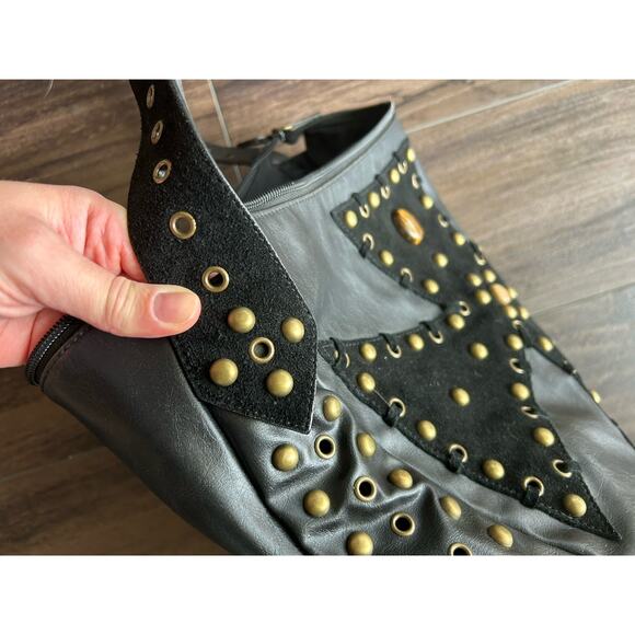 Y2K Nine West Black Leather Iron Cross Stitched Gold Studded Hobo Grunge Bag - Picture 5 of 9